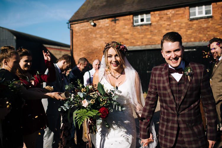 Confetti Throw Autumn Packington Moor Wedding Staffordshire Farm Barn Burgundy http://kathrynedwardsphotography.com/