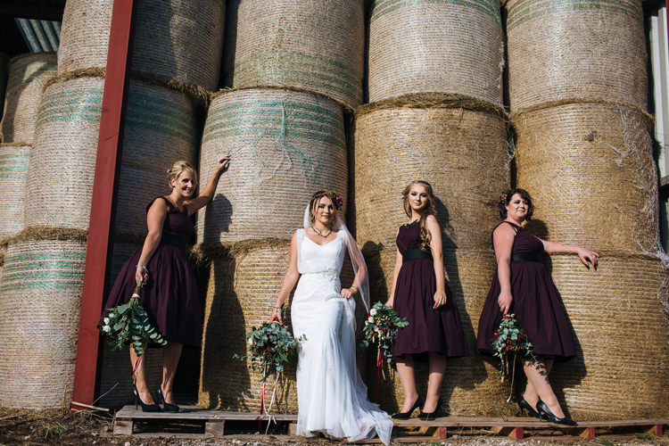 Bridesmaid Dresses Autumn Packington Moor Wedding Staffordshire Farm Barn Burgundy http://kathrynedwardsphotography.com/