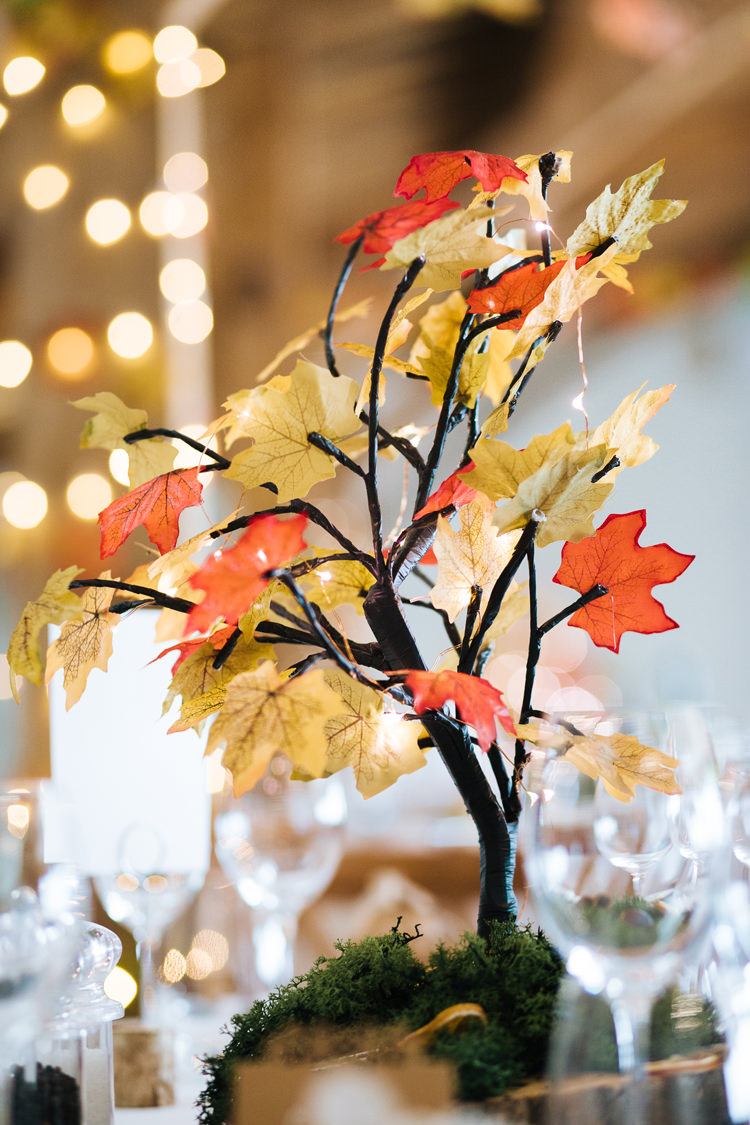 Tree Leaves Decor Centrepiece Autumn Packington Moor Wedding Staffordshire Farm Barn Burgundy http://kathrynedwardsphotography.com/