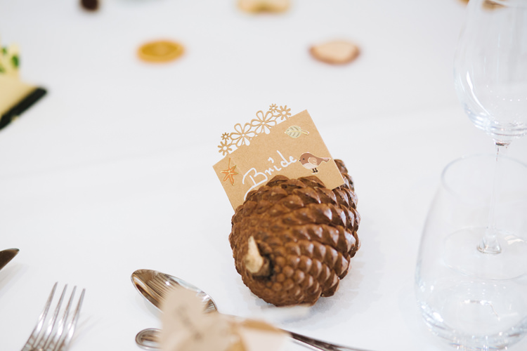 Pine Cone Place Name Card Autumn Packington Moor Wedding Staffordshire Farm Barn Burgundy http://kathrynedwardsphotography.com/