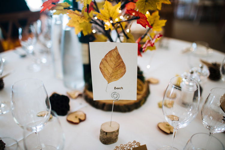 Tree Leaf Table Names Log Slice Autumn Packington Moor Wedding Staffordshire Farm Barn Burgundy http://kathrynedwardsphotography.com/