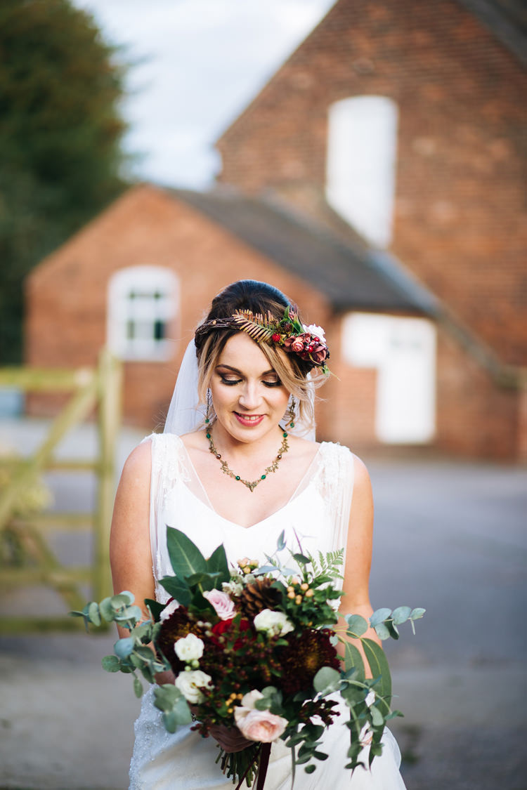 Bride Bridal Flowers Crown Bouquet Greenery Autumn Packington Moor Wedding Staffordshire Farm Barn Burgundy http://kathrynedwardsphotography.com/