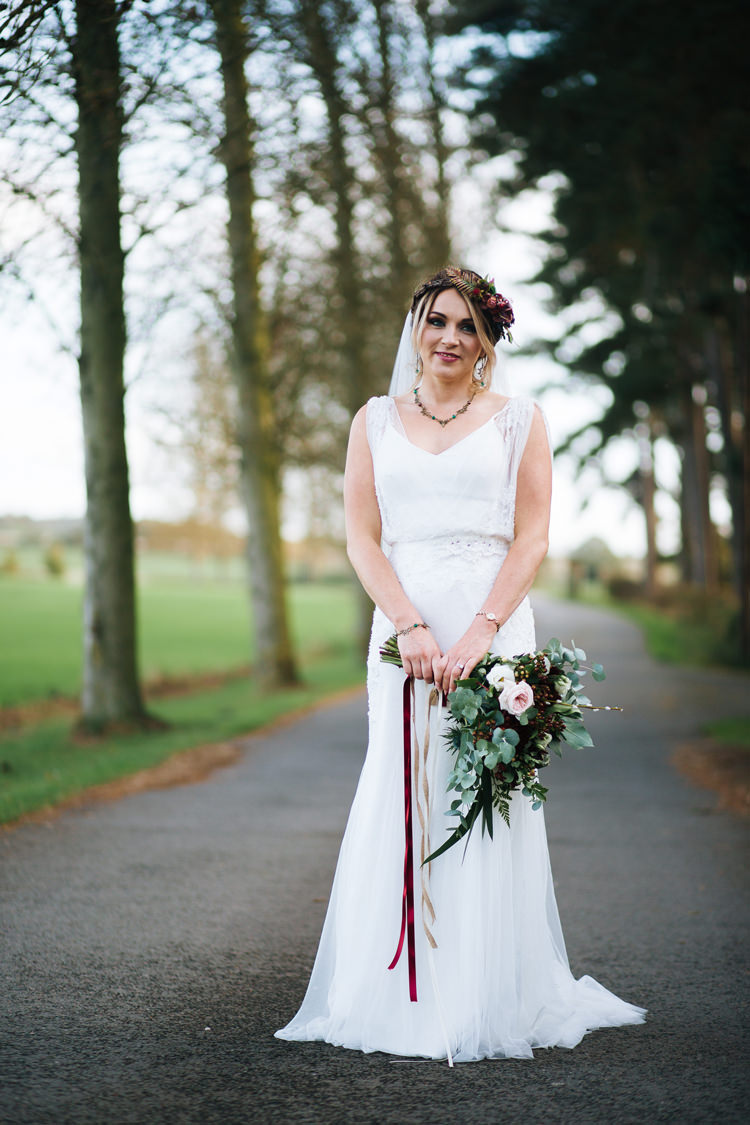 Tulle Strap Dress Gown Bride Bridal Autumn Packington Moor Wedding Staffordshire Farm Barn Burgundy http://kathrynedwardsphotography.com/