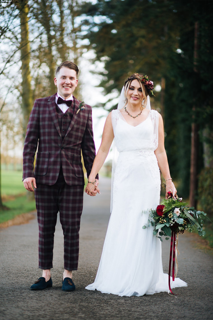 Groom Suit Check Loafers Bow Tie Autumn Packington Moor Wedding Staffordshire Farm Barn Burgundy http://kathrynedwardsphotography.com/