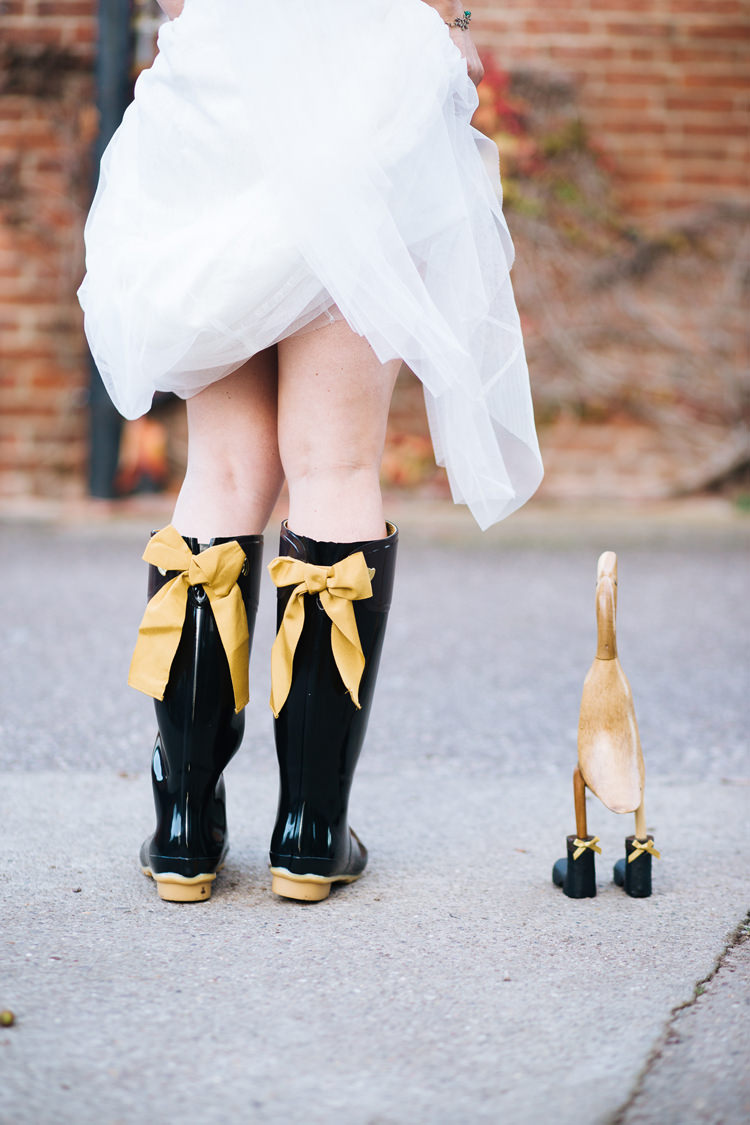 Wellies Bride Bridal Bow Autumn Packington Moor Wedding Staffordshire Farm Barn Burgundy http://kathrynedwardsphotography.com/