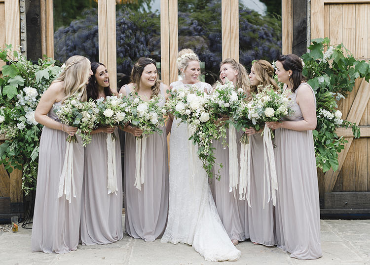 Long Nude Bridesmaid Dresses Maxi Bouquets Ribbons Greenery Darling Fresh Bohemian Barn Wedding https://razia.photography/