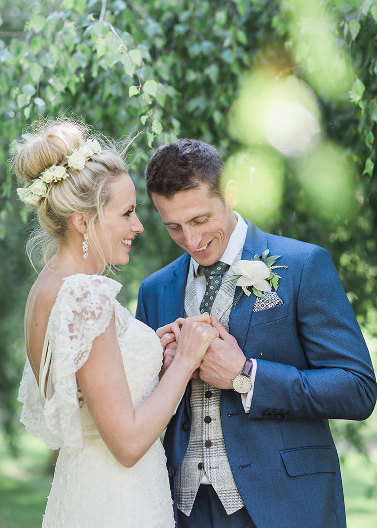 Groom Blue Suit Check Waistcoat Darling Fresh Bohemian Barn Wedding https://razia.photography/