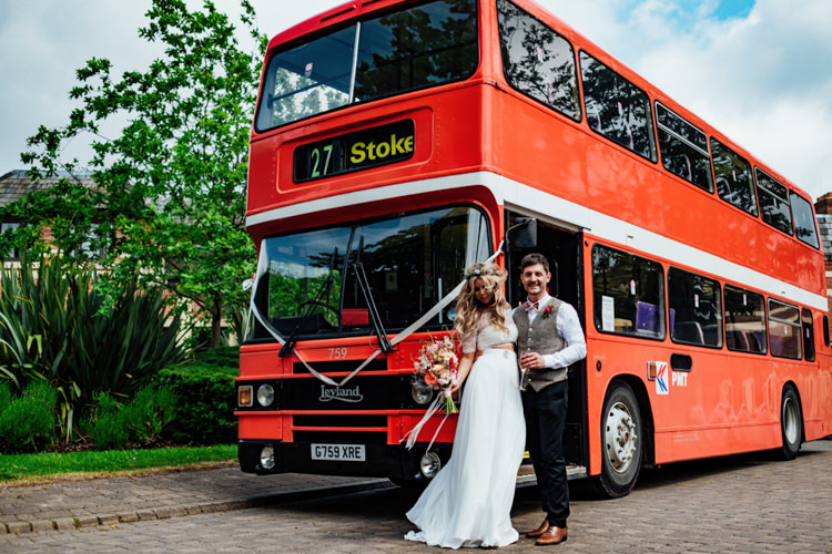 Groom Floral Bow Tie Tweed Waistcoat Charlotte Balbier Separates Drop Shoulder Floral Crown Bralette Topper Skirt Sweetheart Neckline Bride Bridal Bus Double Decker Boho DIY Secret Garden Wedding https://bibandtuckerphotography.co.uk/