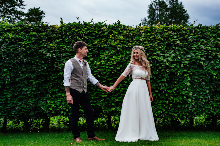 Groom Floral Bow Tie Tweed Waistcoat Charlotte Balbier Separates Drop Shoulder Floral Crown Bralette Topper Skirt Sweetheart Neckline Bride Bridal Boho DIY Secret Garden Wedding https://bibandtuckerphotography.co.uk/