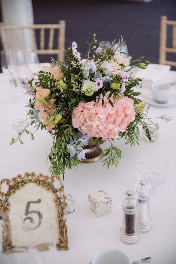 Table Centre Centrepiece Hydrangea Pastel Beautiful Romantic Country House Wedding Middleton Lodge North Yorkshire http://hayleybaxterphotography.com/
