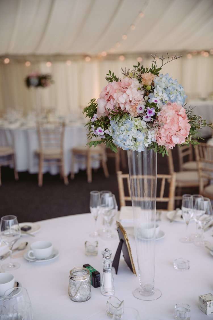Tall Pedestal Centrepiece Table Centre Pastel Hydrangea Pink Blue Beautiful Romantic Country House Wedding Middleton Lodge North Yorkshire http://hayleybaxterphotography.com/