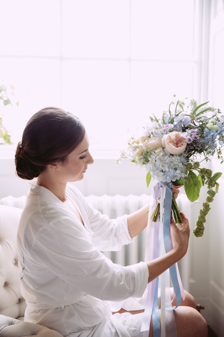 Bride Bridal Bouquet Pastel Flowers Hydrangeas Peonies Ribbon Beautiful Romantic Country House Wedding Middleton Lodge North Yorkshire http://hayleybaxterphotography.com/