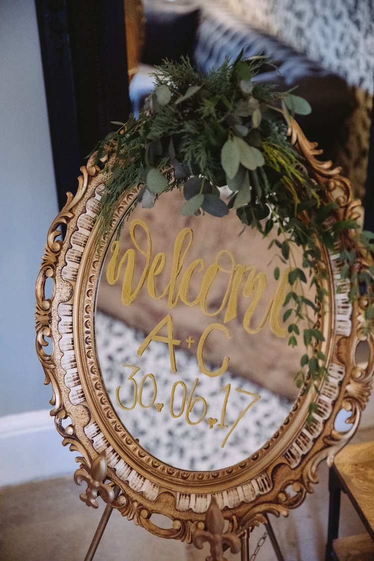 Welcome Sign Gold Gilt Mirror Glass Writing Eucalyptus Greenery Beautiful Romantic Country House Wedding Middleton Lodge North Yorkshire http://hayleybaxterphotography.com/