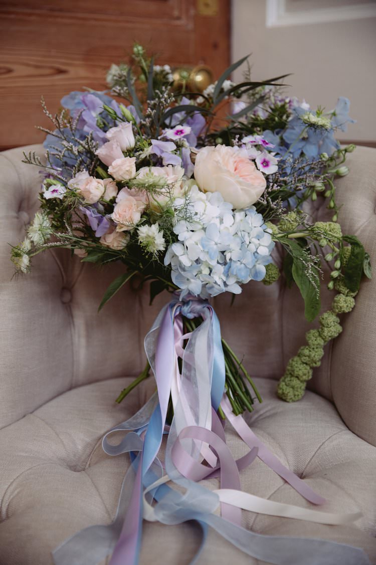 Bride Bridal Bouquet Flowers Pastel Hydrangea Ribbons Beautiful Romantic Country House Wedding Middleton Lodge North Yorkshire http://hayleybaxterphotography.com/