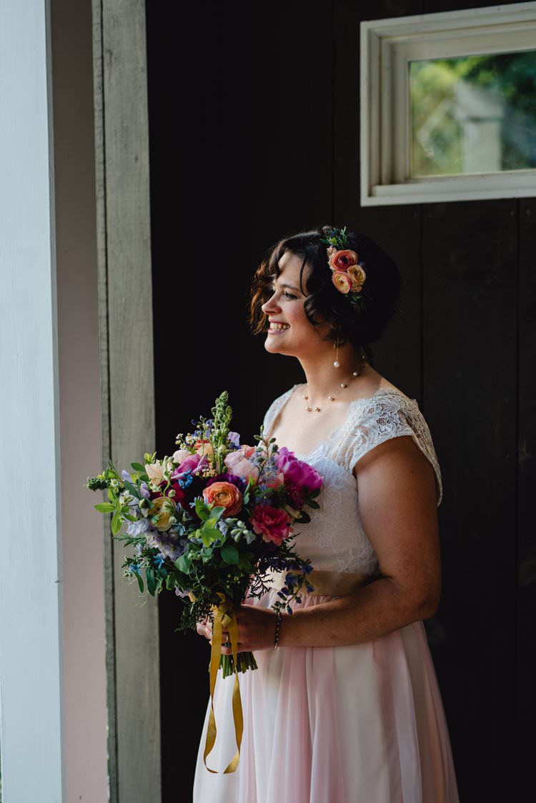 Outdoor Field Forest Wild Nature Marquee Tipi Bride Pink Dress Colorful Wildflower Bouquet Floral Crown | Breathtaking Secluded Back Garden Open Sided Tent Wedding Vermont https://kickasscouples.com/