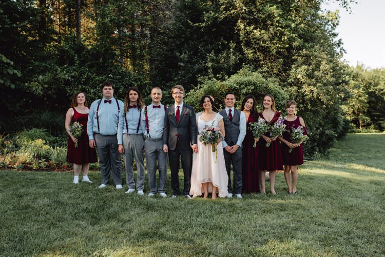 Outdoor Field Forest Wild Nature Marquee Tipi Bride Groom Bridesmaids Groomsmen Group Burgundy Dresses Braces | Breathtaking Secluded Back Garden Open Sided Tent Wedding Vermont https://kickasscouples.com/