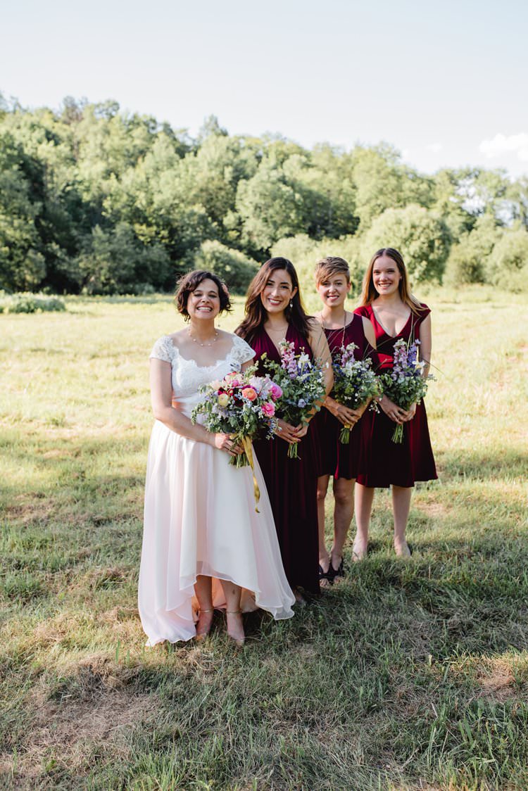 Outdoor Field Forest Wild Nature Marquee Tipi Bride Bridesmaids Group Burgundy Dresses | Breathtaking Secluded Back Garden Open Sided Tent Wedding Vermont https://kickasscouples.com/