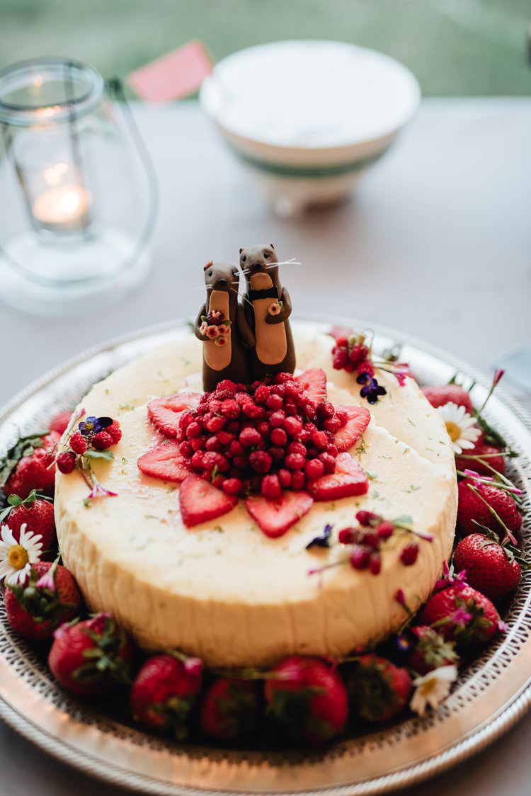 Outdoor Field Forest Wild Nature Marquee Tipi Strawberry Fruit Cake Otter Topper | Breathtaking Secluded Back Garden Open Sided Tent Wedding Vermont https://kickasscouples.com/