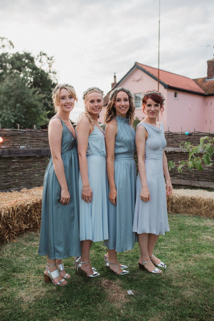 Blue Grey Mismatched Bridesmaid Dresses Flower Crowns Silver Shoes Natural Country Garden Hand Crafted Wedding https://emilytylerphotography.com/
