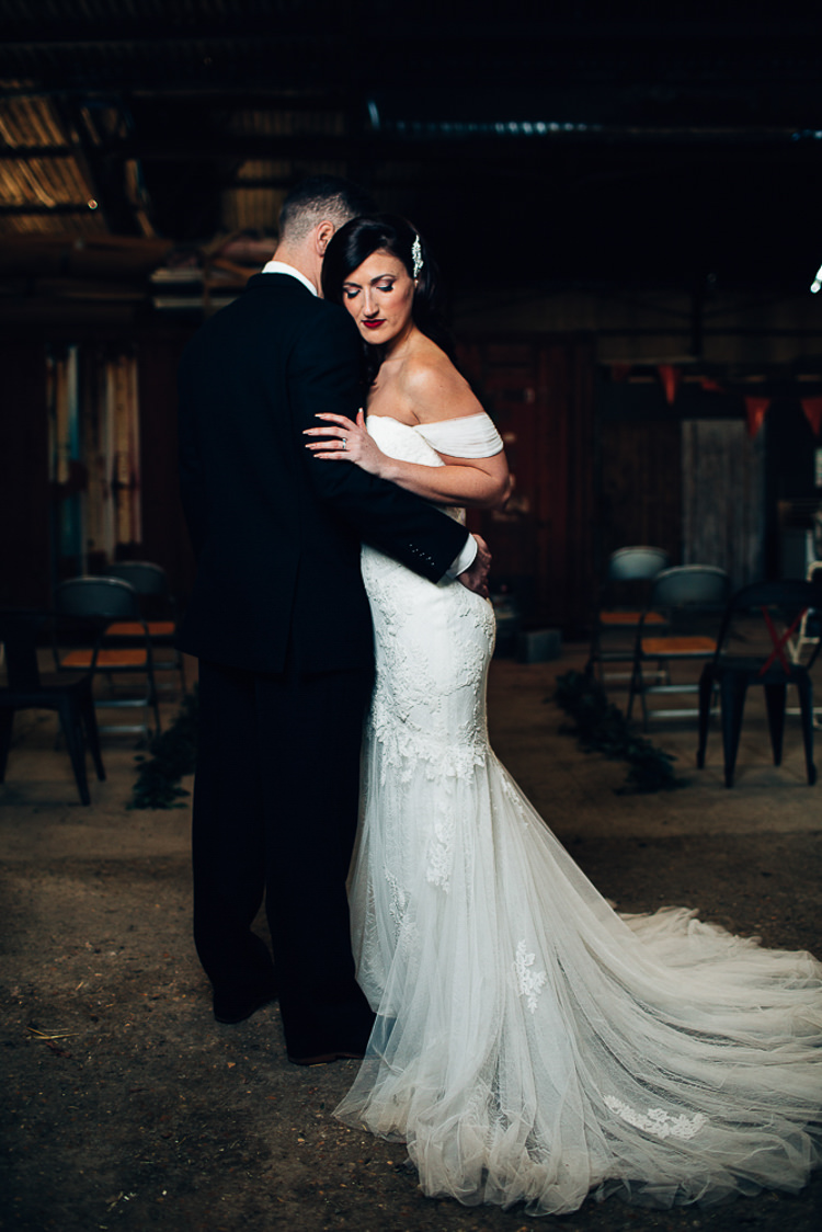 Off Shoulder Bardot Dress Lace Tulle Fishtail Train Bride Bridal Edgy Raw Industrial Barn Wedding Ideas Greenery Festoon Lights http://www.two-d.co.uk/