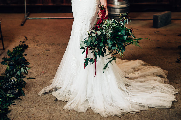 Bouquet Foliage Flowers Large Wild Bride Bridal Edgy Raw Industrial Barn Wedding Ideas Greenery Festoon Lights http://www.two-d.co.uk/