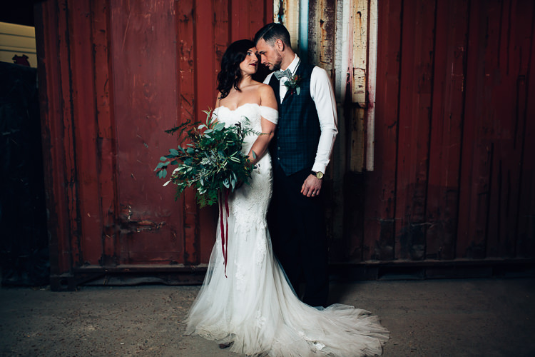 Edgy Raw Industrial Barn Wedding Ideas Greenery Festoon Lights http://www.two-d.co.uk/
