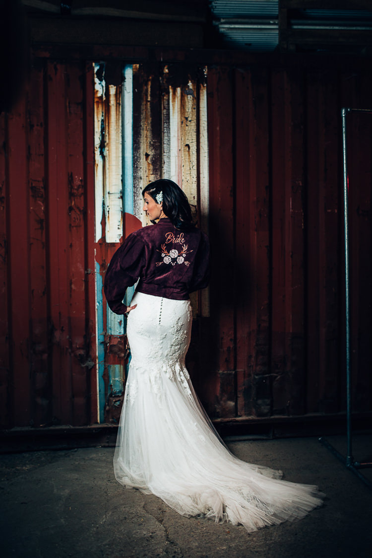 Jacket Bride Bridal Embroidered Edgy Raw Industrial Barn Wedding Ideas Greenery Festoon Lights http://www.two-d.co.uk/
