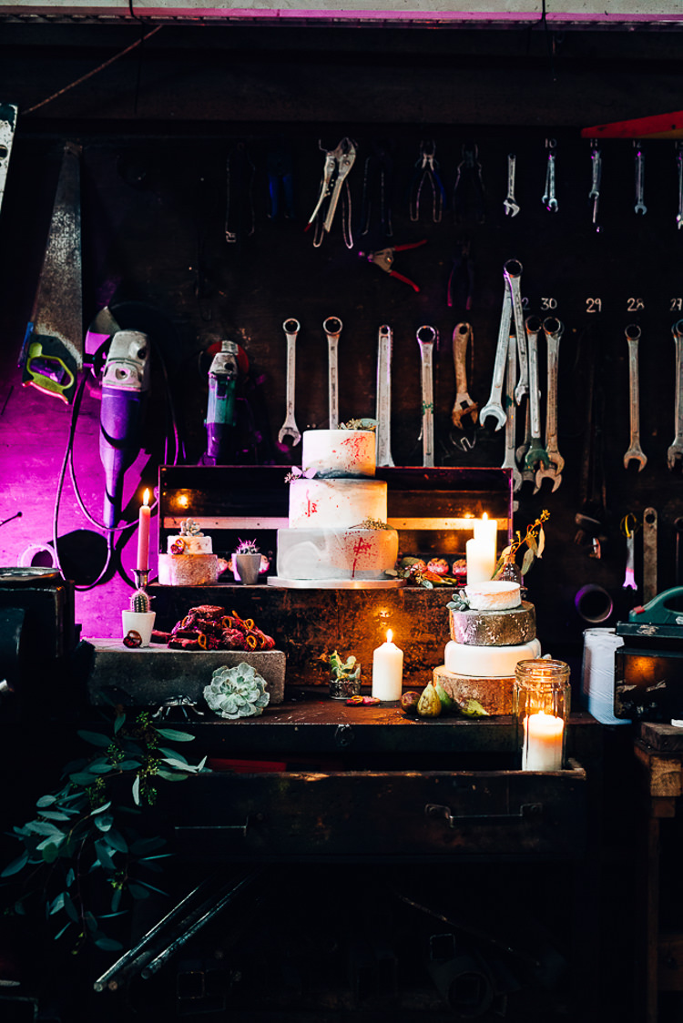 Cake Table Treats Dessert Furniture Dresser Edgy Raw Industrial Barn Wedding Ideas Greenery Festoon Lights http://www.two-d.co.uk/