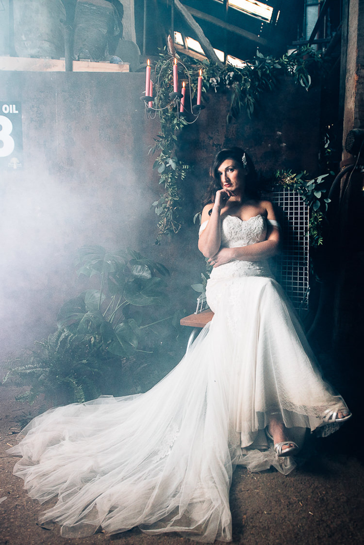 Off Shoulder Bardot Dress Lace Tulle Fishtail Train Bride Bridal Edgy Raw Industrial Barn Wedding Ideas Greenery Festoon Lights http://www.two-d.co.uk/