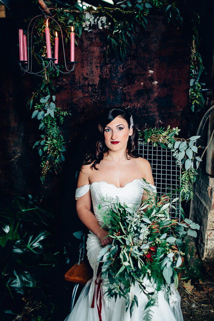 Bouquet Foliage Flowers Large Wild Bride Bridal Edgy Raw Industrial Barn Wedding Ideas Greenery Festoon Lights http://www.two-d.co.uk/