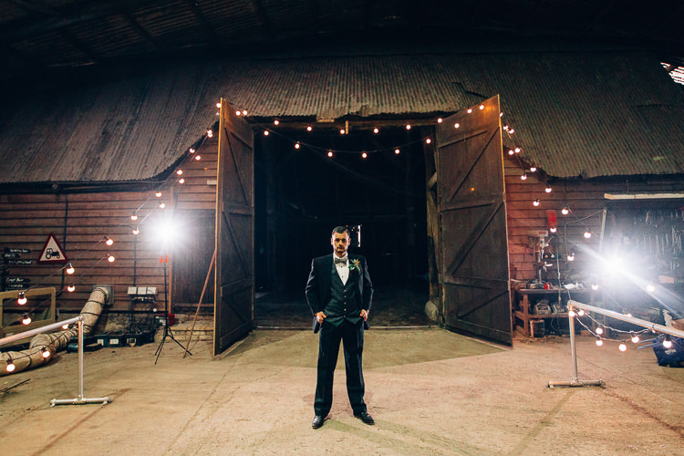 Groom Suit Bow Tie Edgy Raw Industrial Barn Wedding Ideas Greenery Festoon Lights http://www.two-d.co.uk/