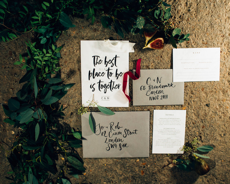 Stationery Calligraphy Lettering Invites Invitations Edgy Raw Industrial Barn Wedding Ideas Greenery Festoon Lights http://www.two-d.co.uk/