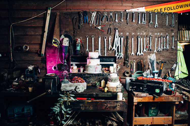 Cake Table Treats Dessert Furniture Dresser Edgy Raw Industrial Barn Wedding Ideas Greenery Festoon Lights http://www.two-d.co.uk/
