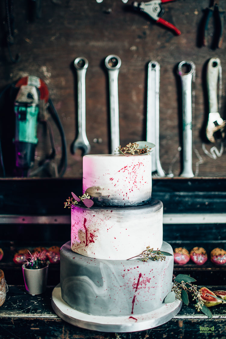 Cake Marble Splatter Edgy Raw Industrial Barn Wedding Ideas Greenery Festoon Lights http://www.two-d.co.uk/