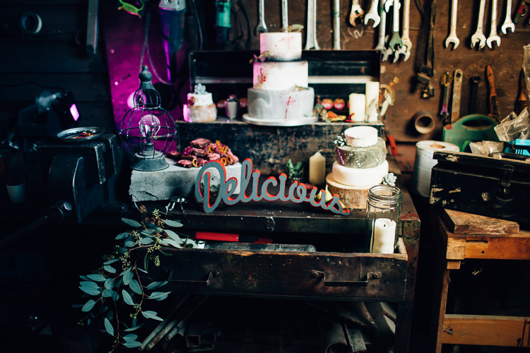 Cake Table Treats Dessert Furniture Dresser Edgy Raw Industrial Barn Wedding Ideas Greenery Festoon Lights http://www.two-d.co.uk/