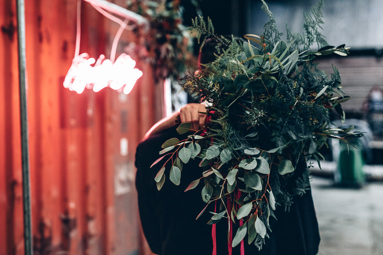Bouquet Foliage Flowers Large Wild Bride Bridal Edgy Raw Industrial Barn Wedding Ideas Greenery Festoon Lights http://www.two-d.co.uk/