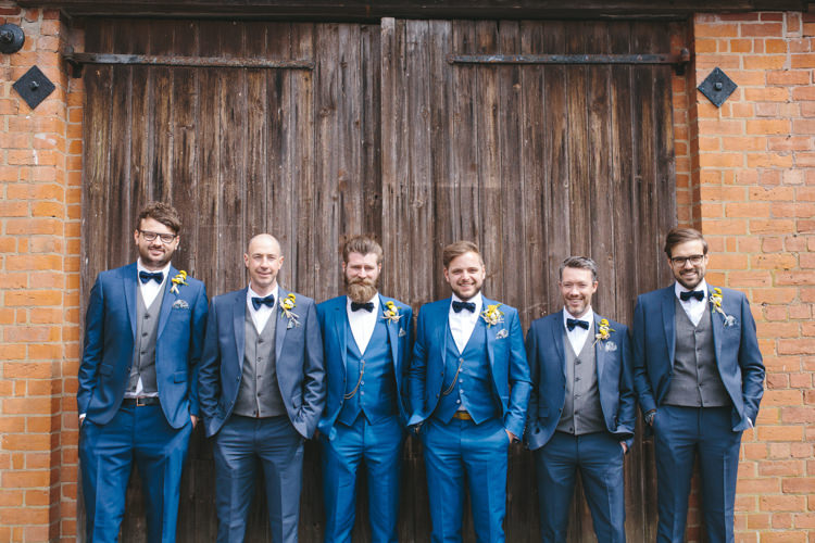 Groom Groomsmen Best Man Blue Suits Bow Ties Waistcoats Buttonholes Pretty Spring Yellow Fun Personal Wedding Yeldersley Hall Derbyshire http://www.elliegracephotography.co.uk/