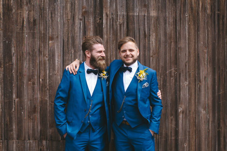 Groom Groomsmen Best Man Blue Suits Bow Ties Waistcoats Buttonholes Pretty Spring Yellow Fun Personal Wedding Yeldersley Hall Derbyshire http://www.elliegracephotography.co.uk/
