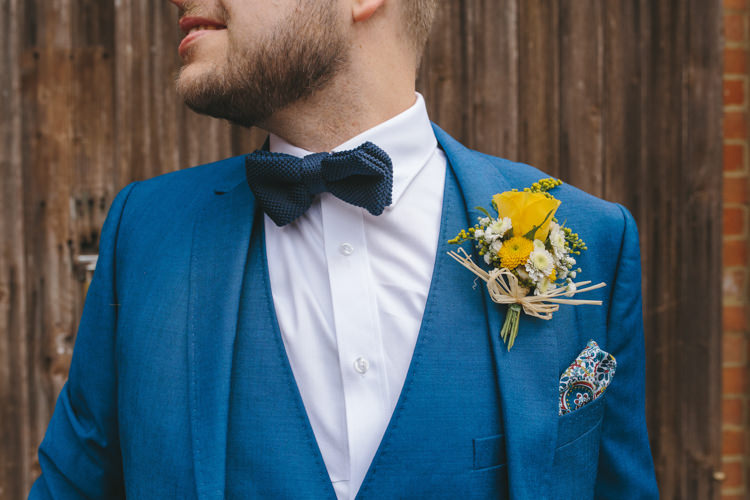 Groom Blue Suits Bow Ties Waistcoats Buttonholes Pretty Spring Yellow Fun Personal Wedding Yeldersley Hall Derbyshire http://www.elliegracephotography.co.uk/
