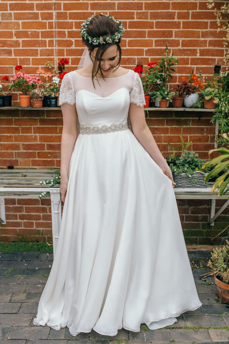 Dress Gown Bride Bridal Sleeves Belt Silk Lace Flower Crown Pretty Spring Yellow Fun Personal Wedding Yeldersley Hall Derbyshire http://www.elliegracephotography.co.uk/