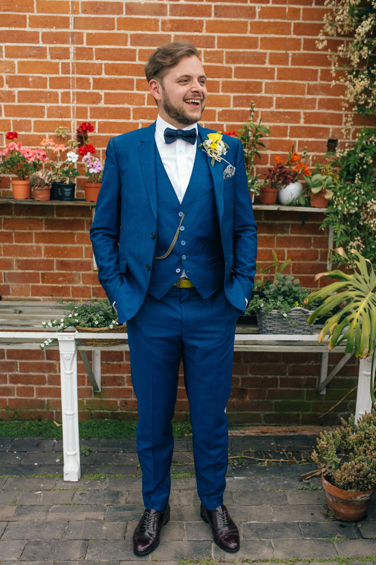 Blue Suit Groom Bow Tie Waistcoat Pocket Watch Pretty Spring Yellow Fun Personal Wedding Yeldersley Hall Derbyshire http://www.elliegracephotography.co.uk/
