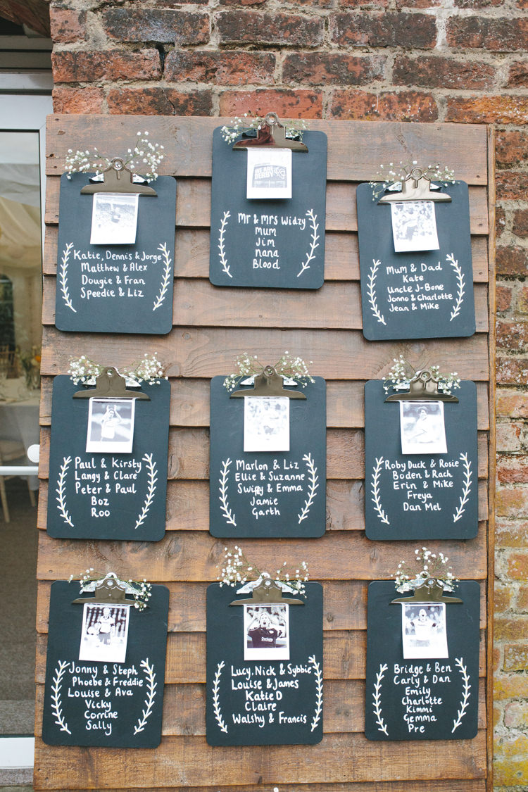 Seating Plan Table Chart Clip Board Chalk Black Signs Flowers Wooden Pretty Spring Yellow Fun Personal Wedding Yeldersley Hall Derbyshire http://www.elliegracephotography.co.uk/
