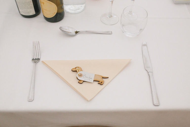 Wooden Dog Place Name Setting Pretty Spring Yellow Fun Personal Wedding Yeldersley Hall Derbyshire http://www.elliegracephotography.co.uk/