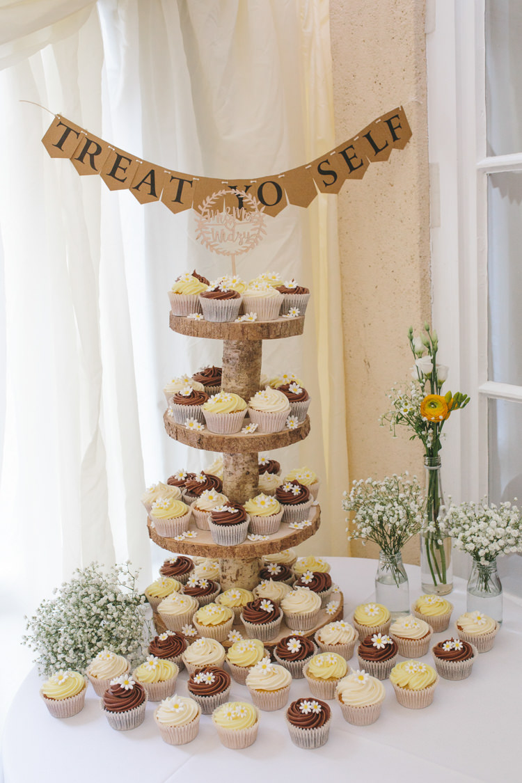 Cupcakes Wooden Stand Log Pretty Spring Yellow Fun Personal Wedding Yeldersley Hall Derbyshire http://www.elliegracephotography.co.uk/