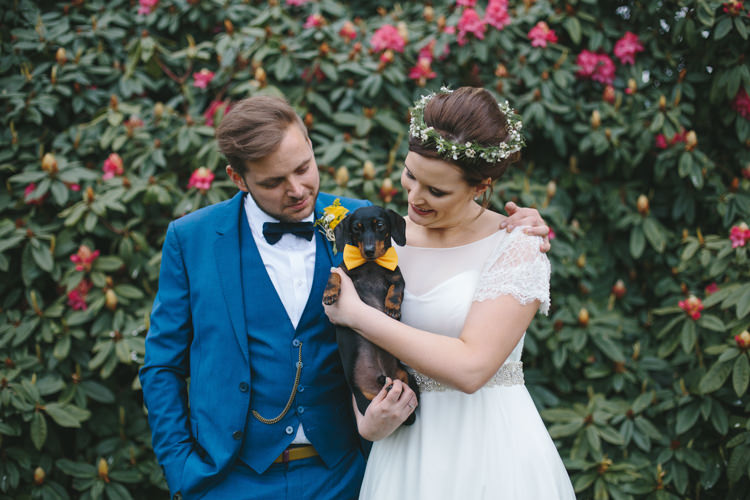 Sausage Dog Pet Pup Bow Tie Pretty Spring Yellow Fun Personal Wedding Yeldersley Hall Derbyshire http://www.elliegracephotography.co.uk/