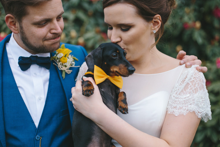 Sausage Dog Pet Pup Bow Tie Pretty Spring Yellow Fun Personal Wedding Yeldersley Hall Derbyshire http://www.elliegracephotography.co.uk/