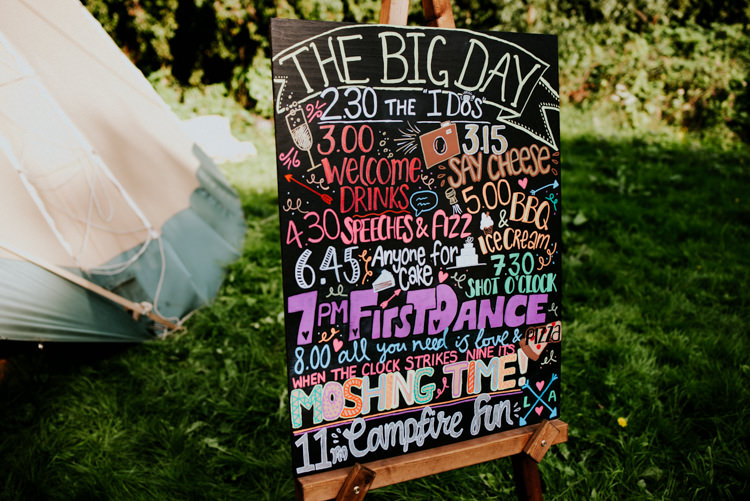 Order of the Day Chalk Board Multicolour Hand Drawn Festival Practically Perfect Tipi Camp Wedding Thwaite Mills https://photo.shuttergoclick.com/index