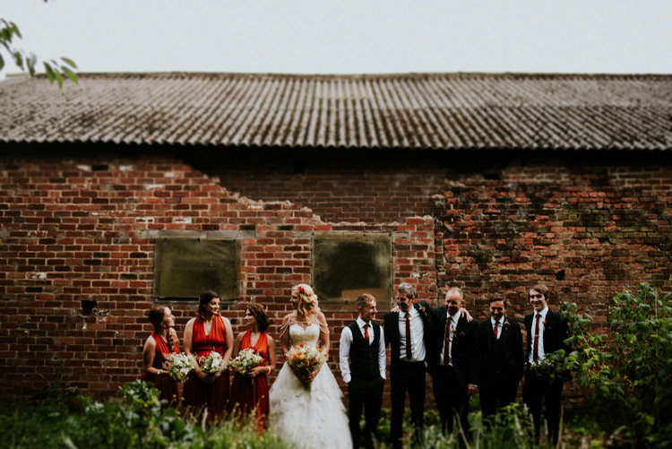 Bride Bridal Sweetheart Neckline Lace A Line Shoulder Jewellery Pearls Floral Flower Hairband Meadow Wildflower Corn Bouquet Bridesmaids Red Halterneck 50s Dress Groom Groomsmen Waistcoat Red Tie Practically Perfect Tipi Camp Wedding Thwaite Mills https://photo.shuttergoclick.com/index