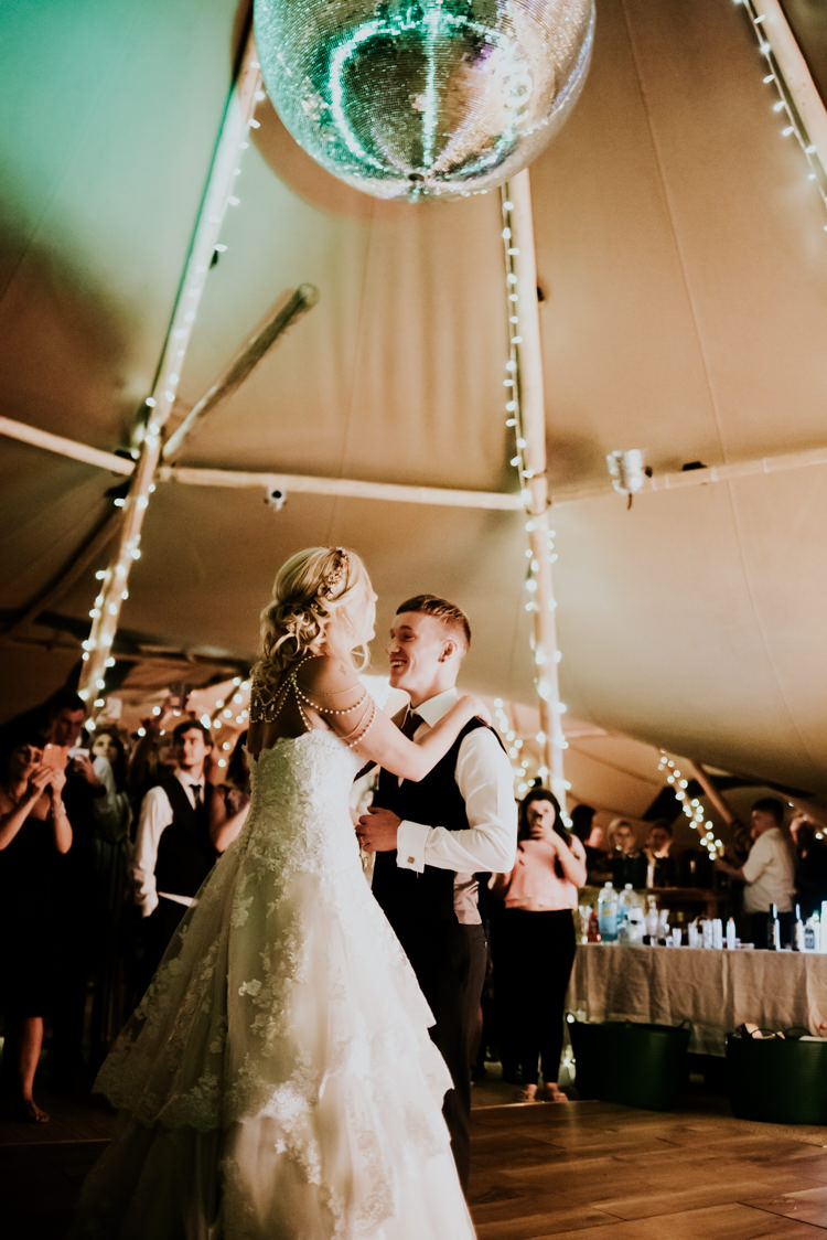 Bride Bridal Sweetheart Neckline Lace A Line Shoulder Jewellery Pearls Floral Flower Hairband Meadow Wildflower Corn Bouquet Groom Waistcoat Red Tie Disco Ball Practically Perfect Tipi Camp Wedding Thwaite Mills https://photo.shuttergoclick.com/index