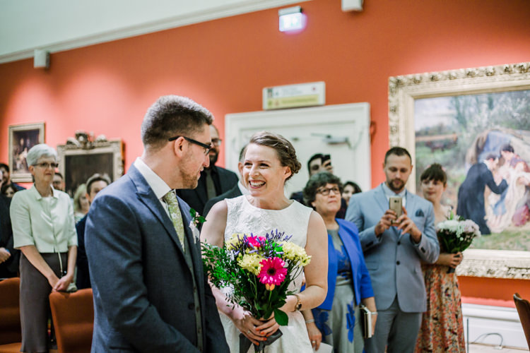 Bride Bridal Dress Gown Two Piece Crop Top Groom Grey Blue Green Three Piece Waistcoat Fun DIY Wedding New Walk Museum Leicester https://www.daniellefrancescaphotography.com/